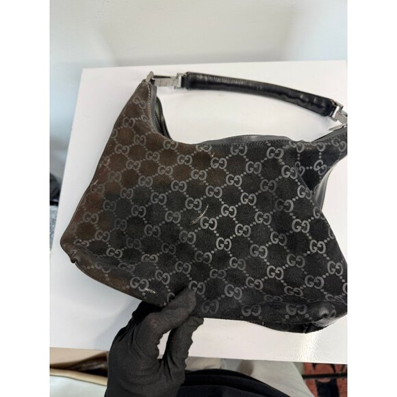Vintage Gucci Black GG Suede Hobo Shoulder Bag - Picture 3 of 11